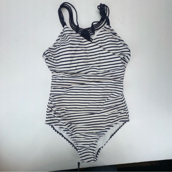 Kona Sol Shirred Macrema One Piece Swimsuit Navy White Size M - Picture 4 of 10